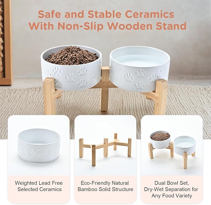 SPUNKYJUNKY Elevated Dog Bowls Ceramic, 6.1'' Dogs and Cat Food Water Bowls Raised with Non-Slip Bamboo Stand for Medium Sized Breed Microwave Dishwasher Safe - 28.7 OZ,Paw White
