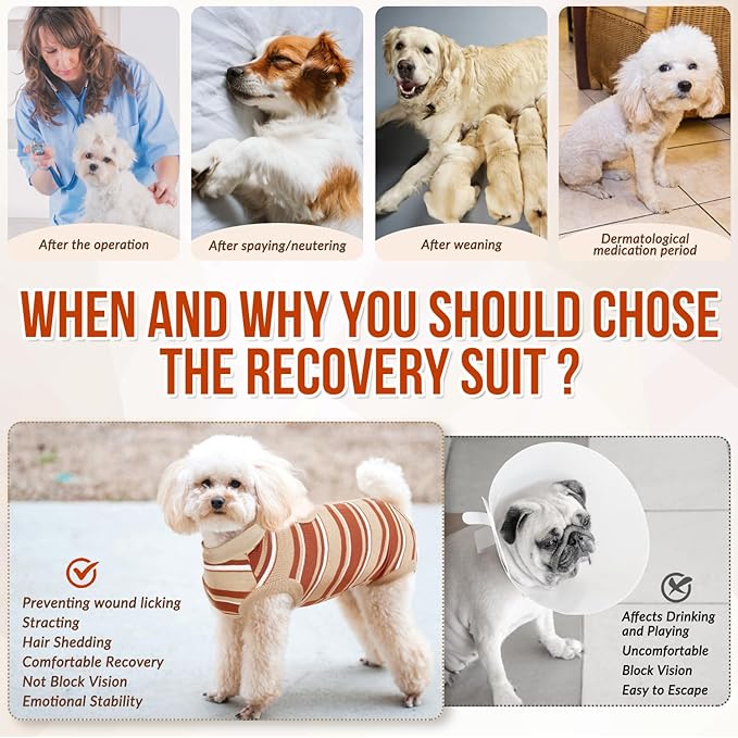 Lukovee Recovery Suit for Dogs, Onesie Surgery Recovery Suit for Female Male Dogs, Abdominal Wounds Cone E-Collar Alternative Prevent Licking Spay Recovery Suit (Brown Stripes,S)
