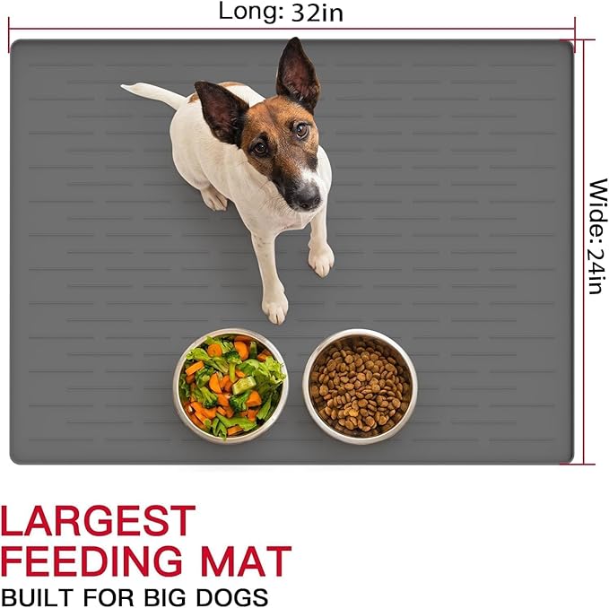 32" x 24" Large Pet Food Mat, Silicone Dog Mats for Food and Water, Nonslip Pet Feeding Mats for Floors,Dog Cat Bowl Mat with Raised Edges, Gray Blue