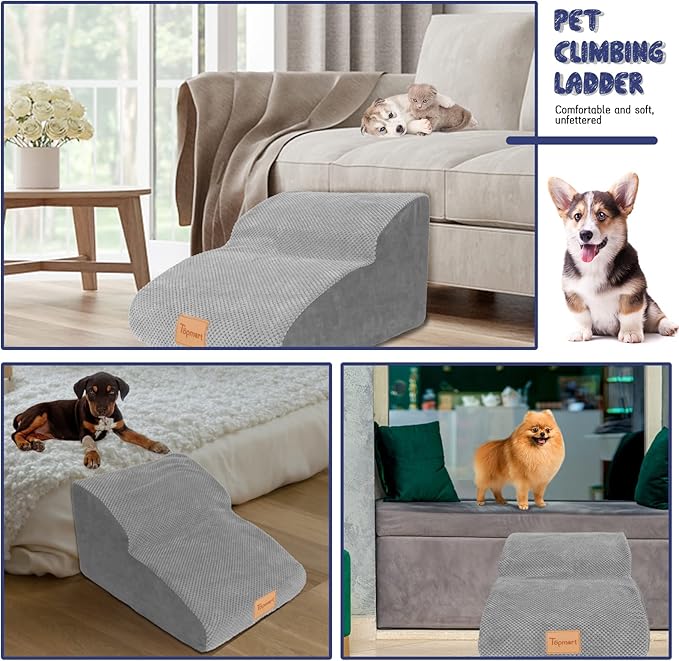 Topmart High Density Extended Foam Dog Ramp&Steps 2 Tiers,11.8" High,Non-Slip Dog Stairs,Soft Foam Pet Ladder with Waterproof Cover,Best for Injured,Older Cats,Pets with Joint Pain