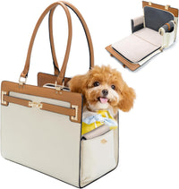 2-in-1 Stylish Dog Purse Carrier Travel Tote Bag for Small Dogs Cats - Beige+Brown / 15" L x 7.5" W x 12.2" H