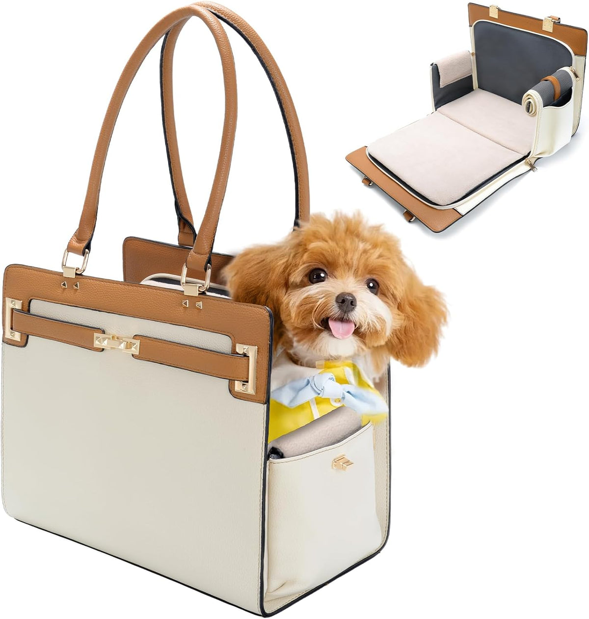 2-in-1 Stylish Dog Purse Carrier Travel Tote Bag for Small Dogs Cats - Beige+Brown / 15" L x 7.5" W x 12.2" H