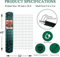 Green PVC Coated Welded Wire Fence 48 Inch x 50 Foot, 2 Inch x 4 Inch 14GA, Garden Border Fencing Roll Vinyl Coating Metal Wire Mesh Hardware Cloth for Yard Vegetable Plant Protection