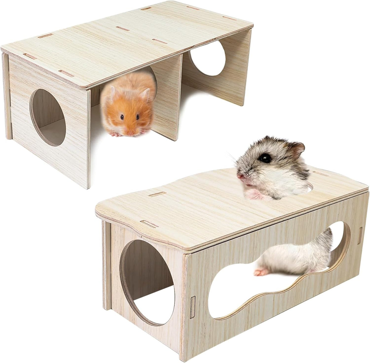 Wooden Hamsters 2-Chamber Hideout-Tunnel Multi Chamber Exploring Toy - M+M