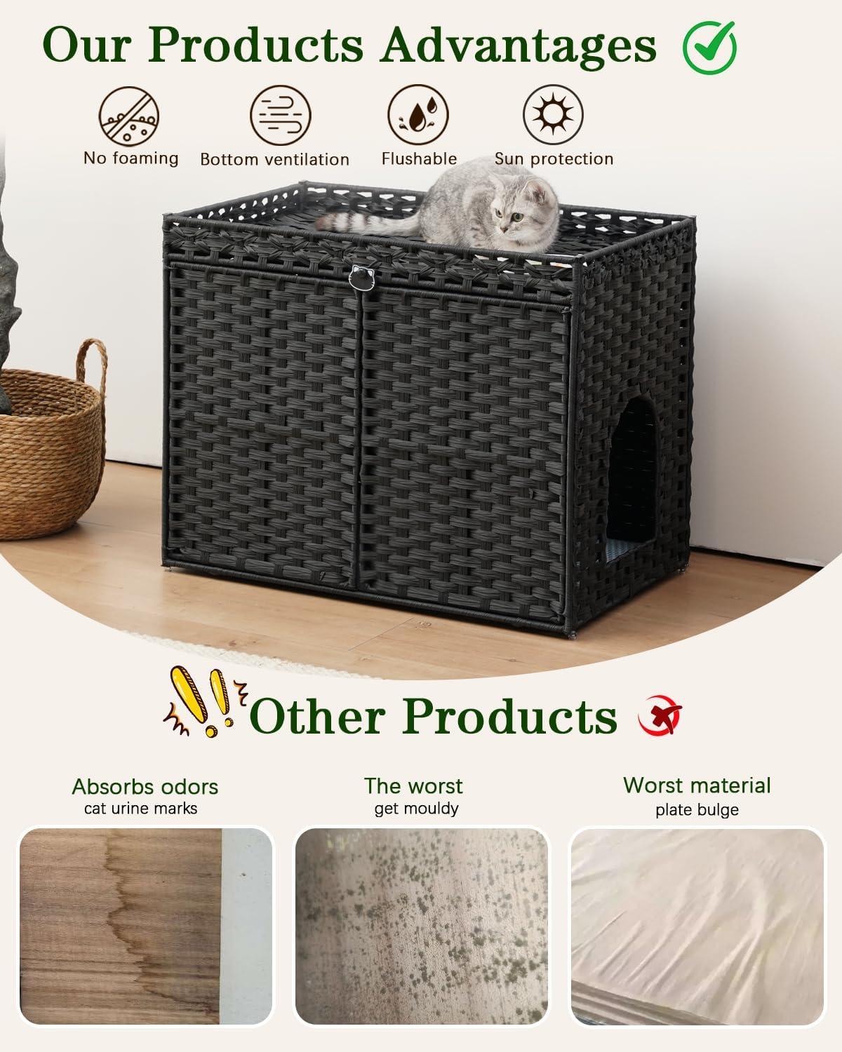 Cat Litter Box Enclosure, Extra Large Hidden PE Rattan Natural – Essentials for Cats - Black - image 3