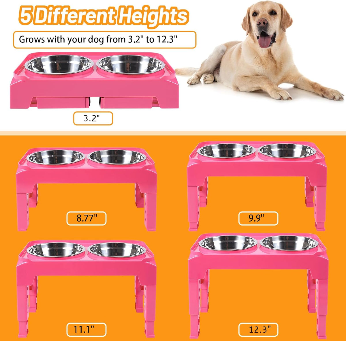 Hubulk Elevated Dog Bowls with 2 Stainless Steel Dog Food & Water - M (8" for M/L Dogs) / Pink - image 2