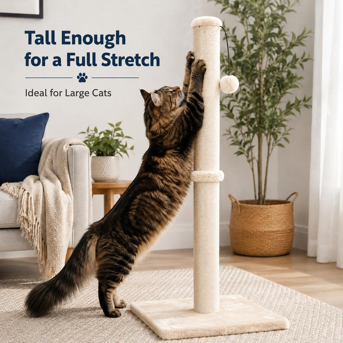 Dimaka Tall Cat Scratching Post Tree Scratcher with Sisal Rope - Beige / 34 inches for Large Cats - image 4