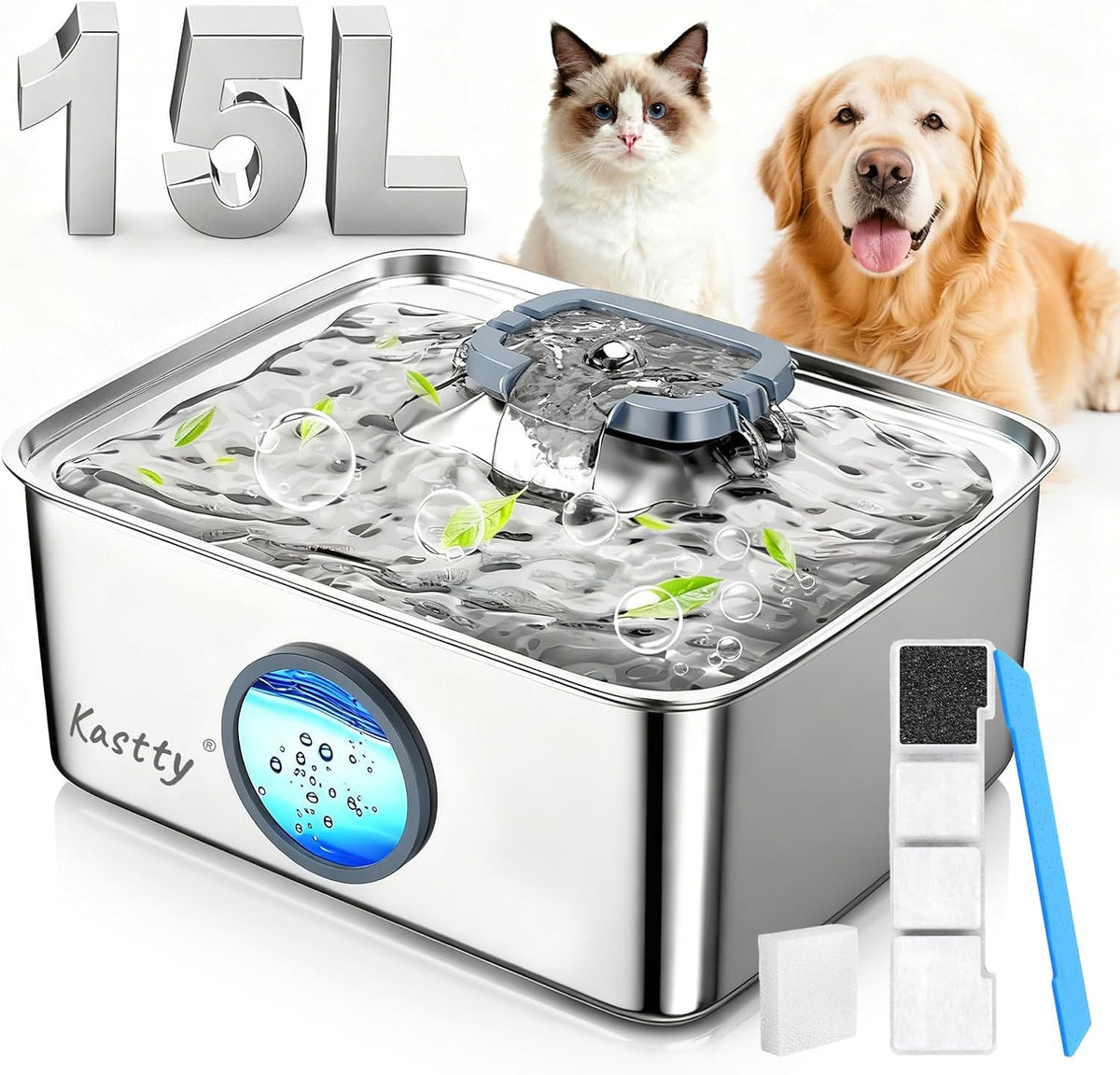 Kastty 4 Gal/15L Stainless Steel Dog Water Fountain for Large Dogs – Essentials for Dogs - Circular Shape