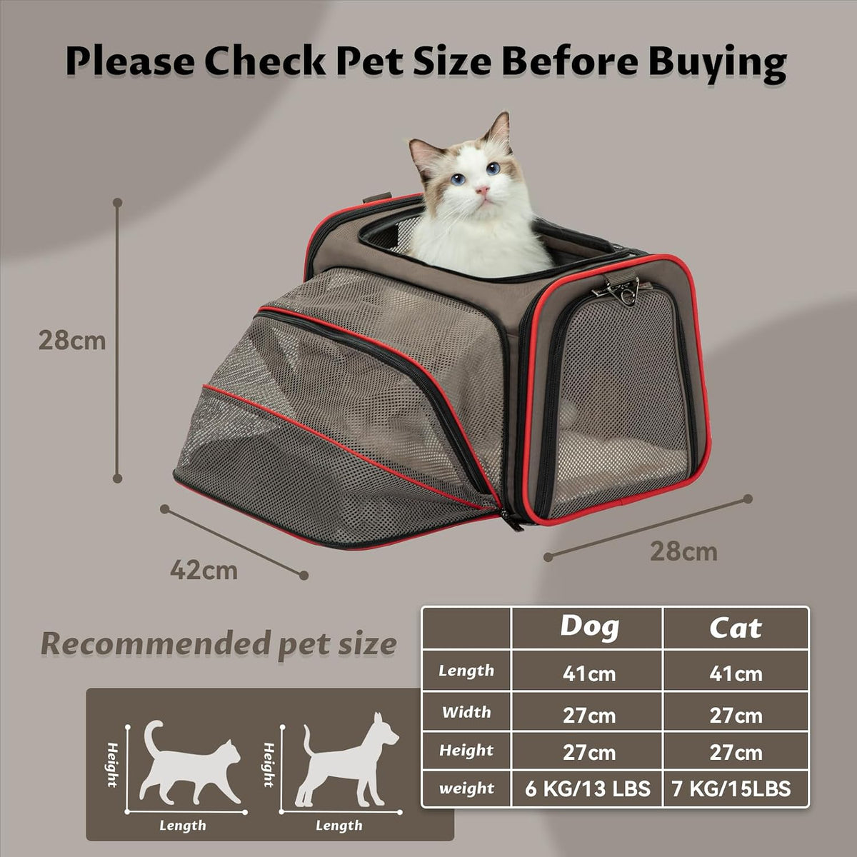 Petsfit Medium Expandable Cat Carrier for Air Travel - 17.0"L x 11.0"W x 11.0"H / Gray brown - image 2