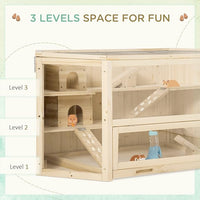 PawHut Wooden Large Hamster Cage Small Animal Exercise Play House 3 Tier with Tray, Seesaws, Water Bottle, Activity Center, Natural