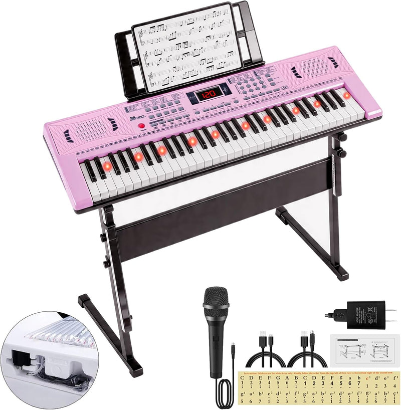 24HOCL pink electronic keyboard piano for kids with 61 lighted keys, LCD screen and microphone