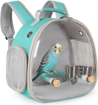Small Bird Travel Backpack Carrier Cage - Green / Clear Bubble + Cups