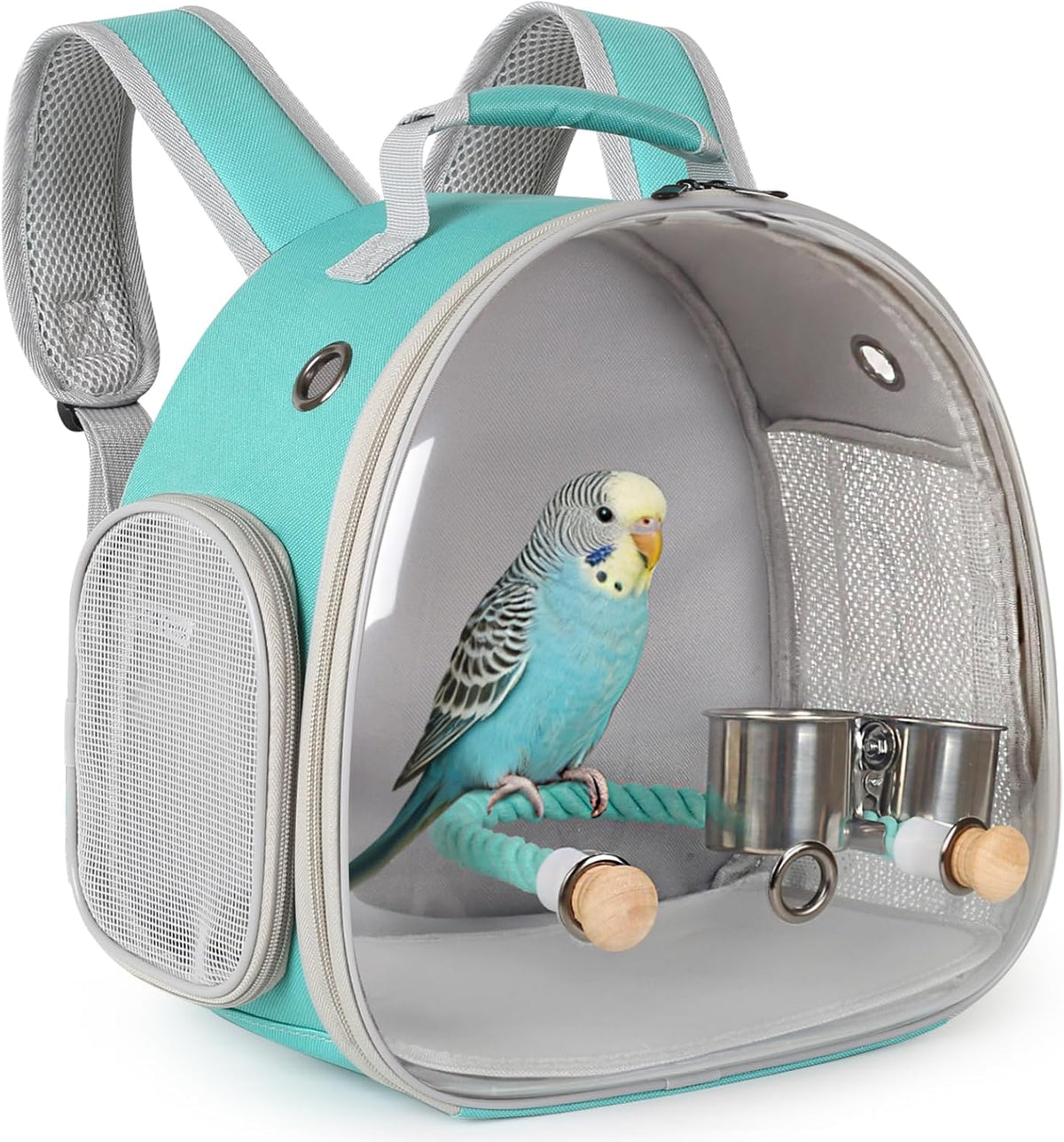 Small Bird Travel Backpack Carrier Cage - Green / Clear Bubble + Cups