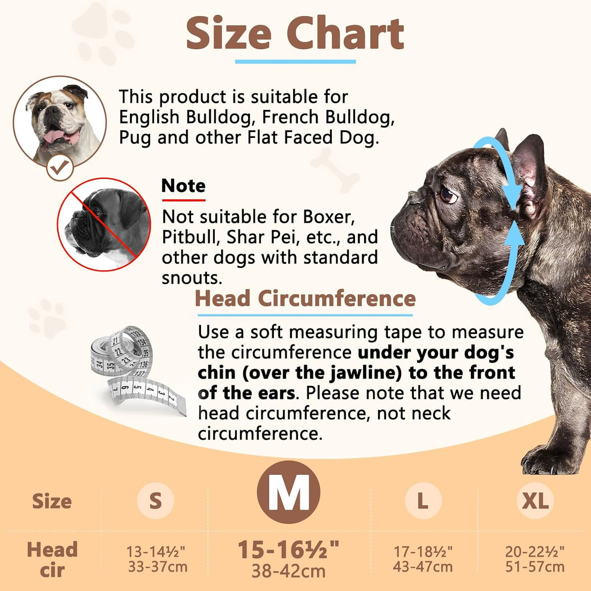English Bulldog Muzzle, Soft Short Snout Dog Muzzle Stops Biting – Essentials for Dogs - Khaki / M（Head 15-16½"） - image 2
