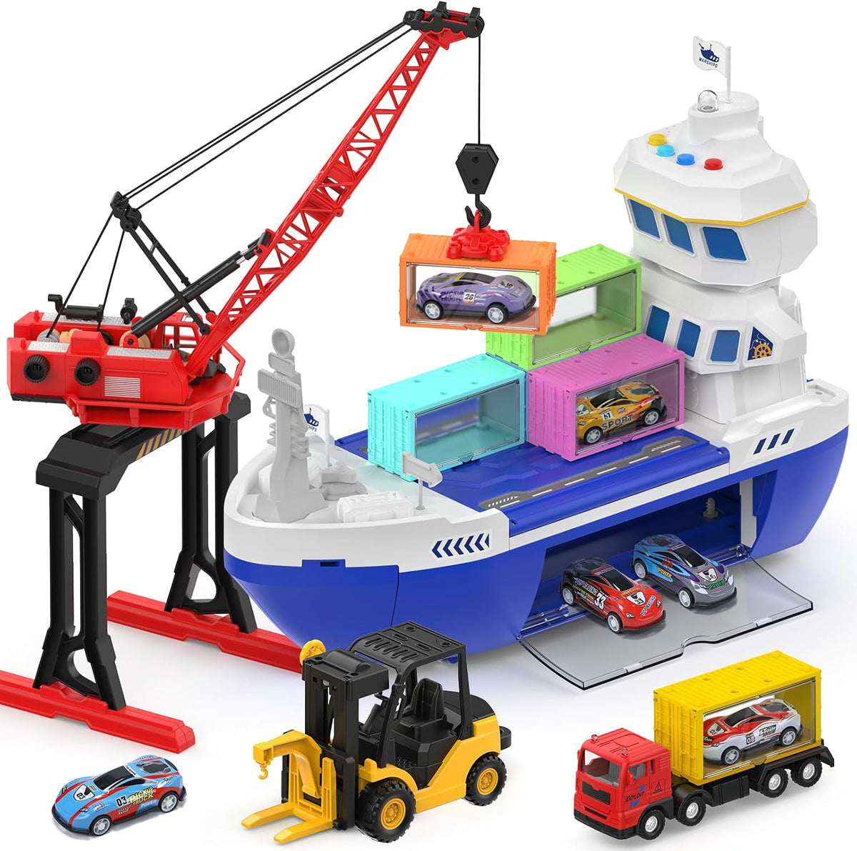 CUTE STONE cargo ship toy with gantry crane, containers and push and go cars - view 2
