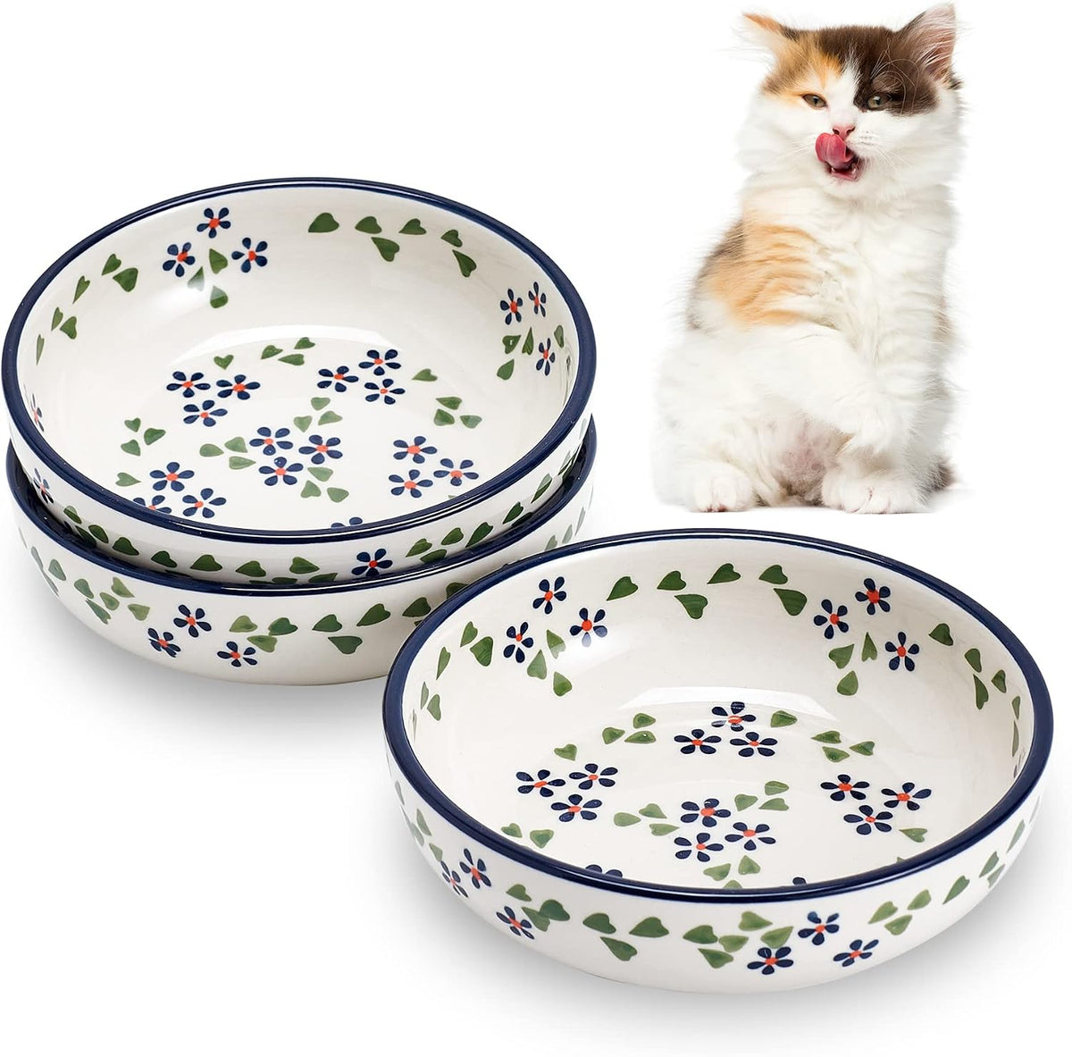 Ceramic Cat Bowls, Howise Pet Bowl Cat Dishes for Food and Water - Floral Blue