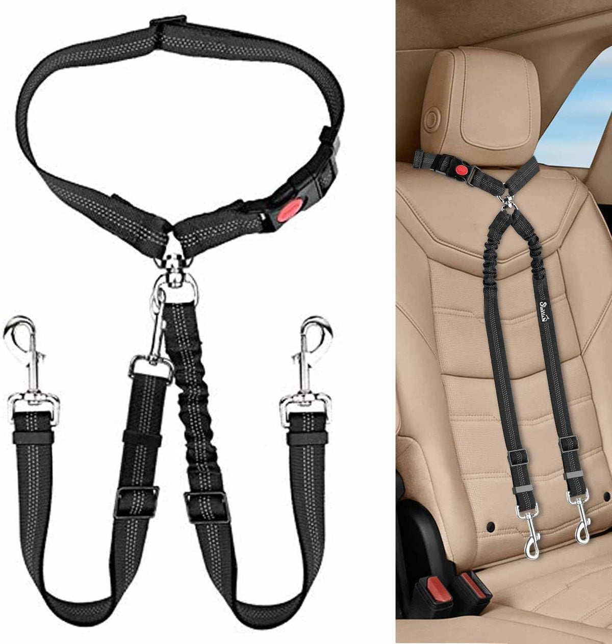 Lukovee Double Dog Car Seat Belt, No Tangle Headrest Restraint – Essentials for Dogs - Black-Detachable / 1 Pack-Detachable