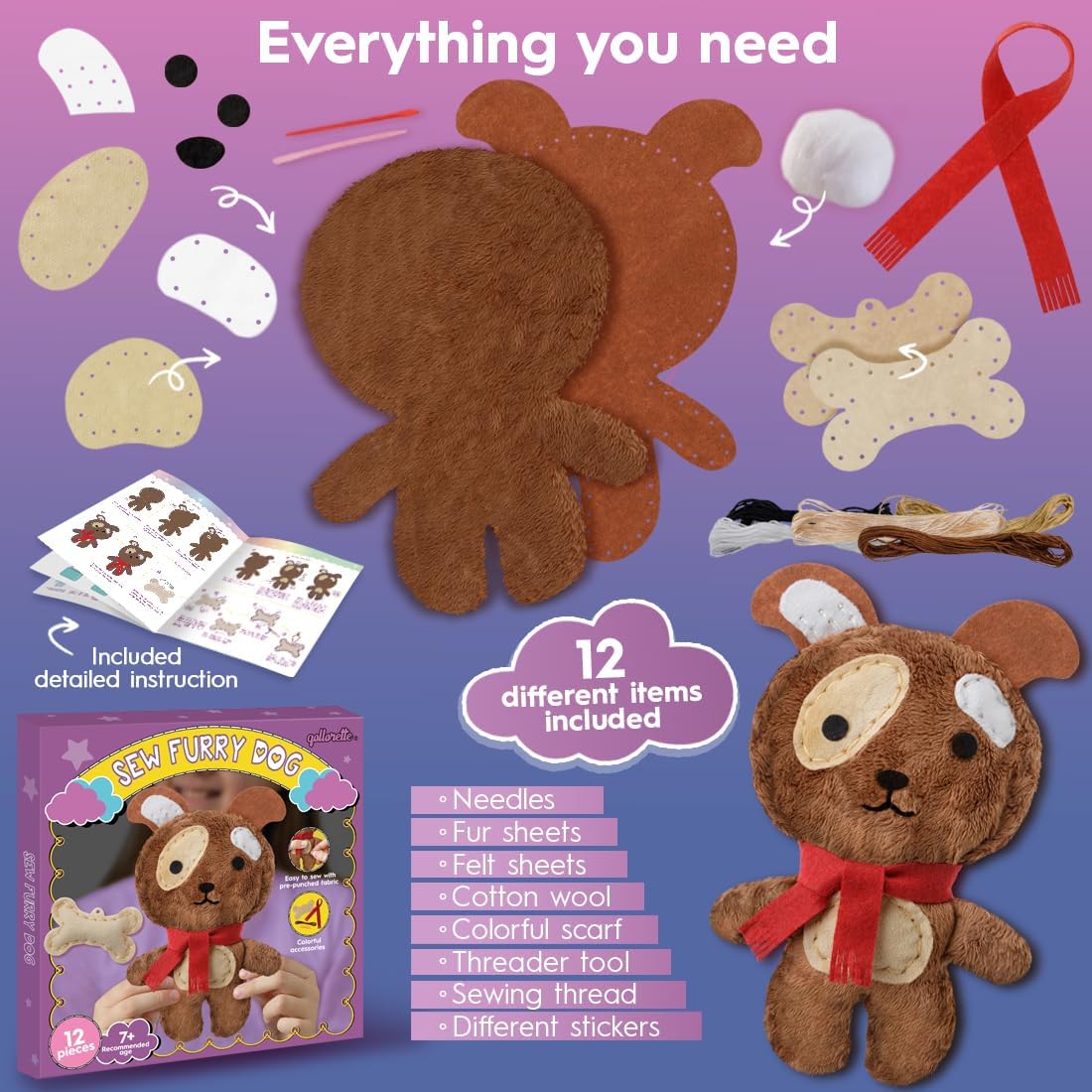 Qollorette felt sewing kit for kids with a handmade kitty stuffed toy and outfits - view 14