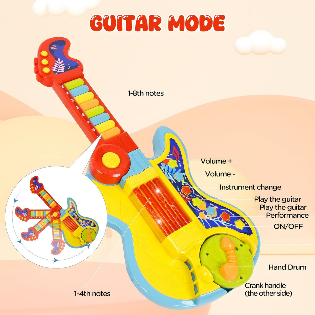Toddler Guitar Toy, Kids Guitar and Piano with Lullaby Projector - Yellow - image 3