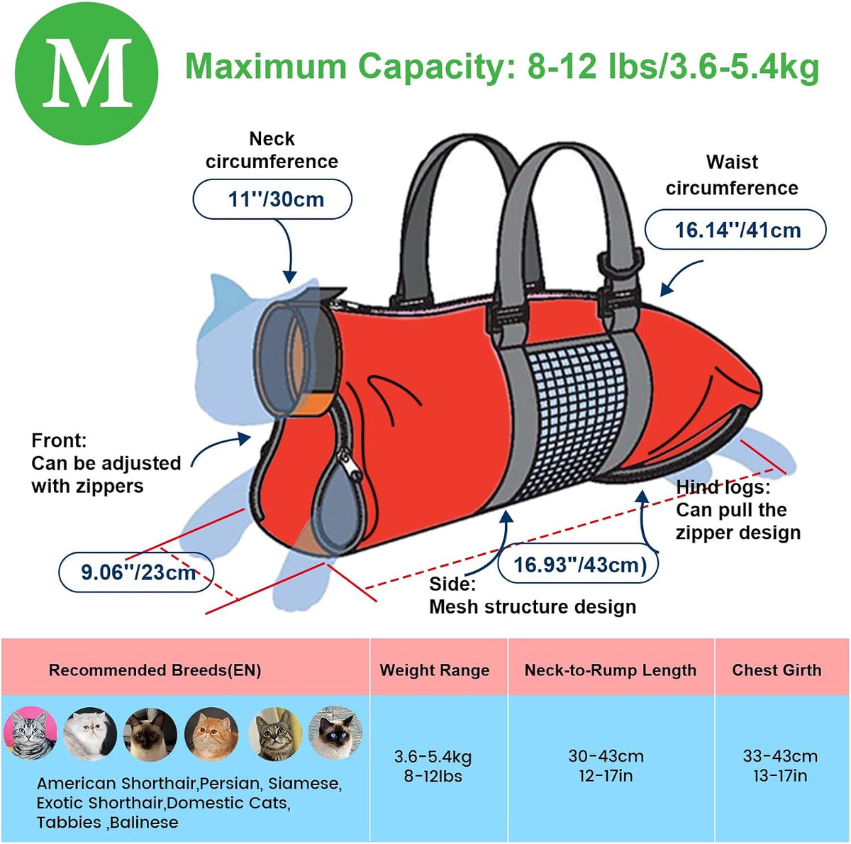 Cinf Cat Restraint Grooming Bag - M (8-12lbs) / Red - image 3