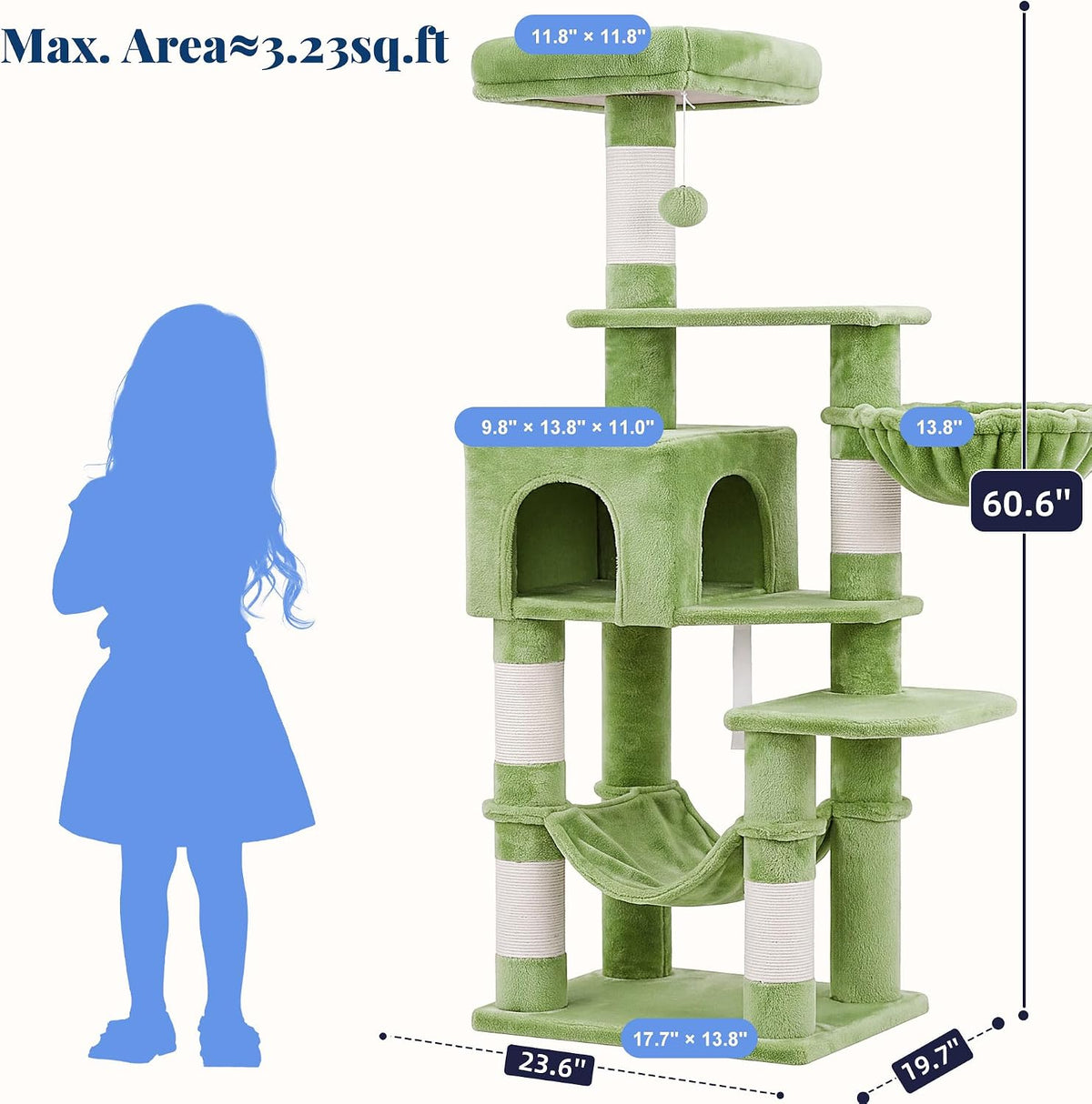 Hey-brother Cat Tree, Multi-Level Sisal Covered Scratching Posts - Green / 60.6 Inches - image 2