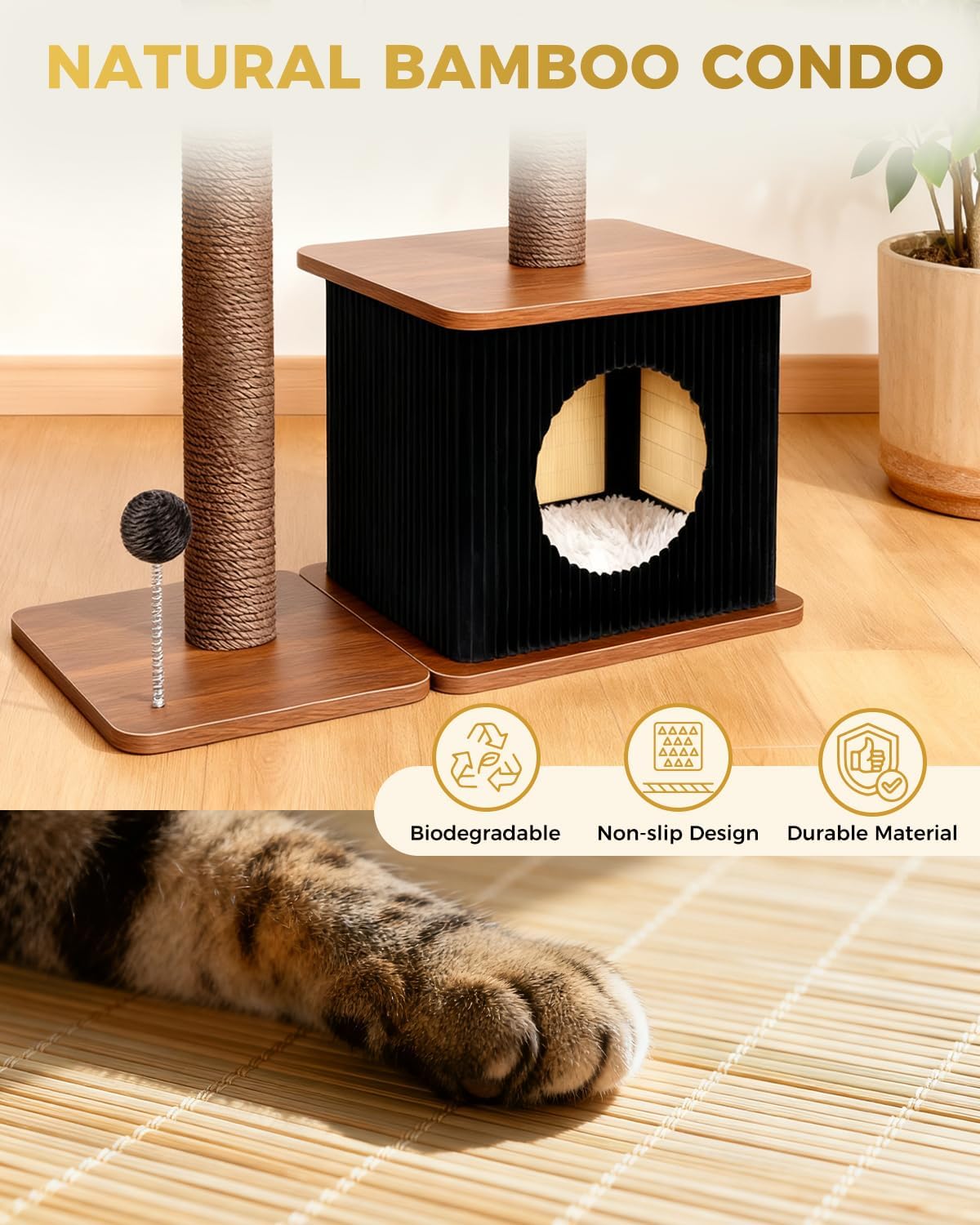 29" Small Cat Tree, Boho Wood Cat Tower with Sisal Scratching Post – Essentials for Cats - Walnut Finish / Medium - image 2