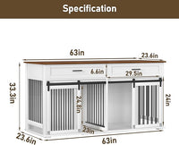 MUPATER 63" L x 23.6" W x 33.3" H Double Wooden Dog Cage Table with 2 Large Drawers & Safety Locks, Large Dog Crate Furniture for 2 Dogs with Removable Divider, Decorative Indoor Dog Kennel Furniture