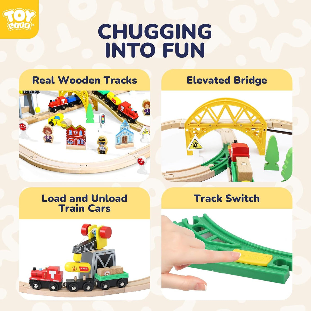 TOY Life Wooden Train Set with Crane, 60-Pc Track, Boys 3-8 – Fun for Kids & Family - 60 PCS Wooden train set - image 2