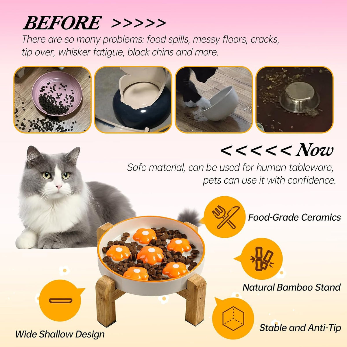 Ceramic Slow Feeder Cat Bowl, 6.3" Whisker Friendly Anti-Vomit - Orange + Stand - image 4