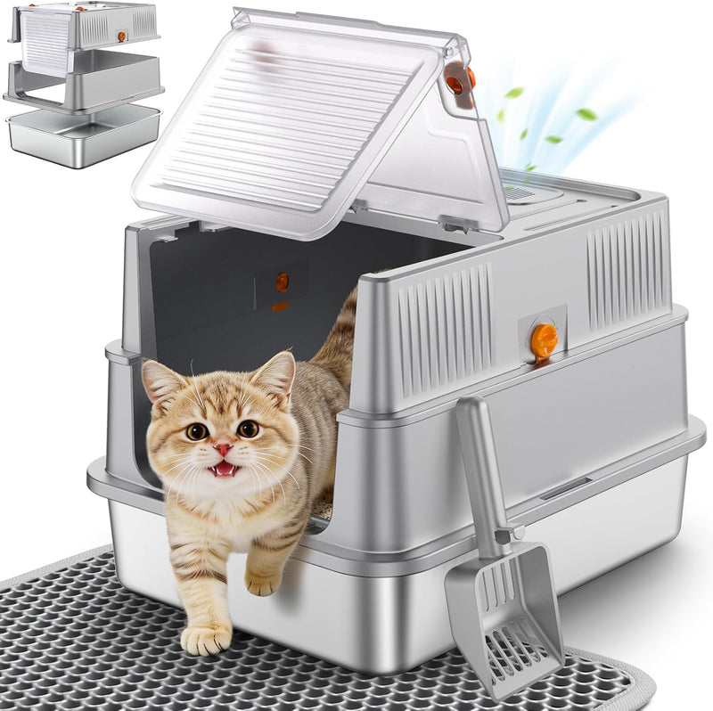 URPOWER XL Stainless Steel Cat Litter Box with 180° Flip-Top Lid – Daily Care for Cats - Light Gray / Small