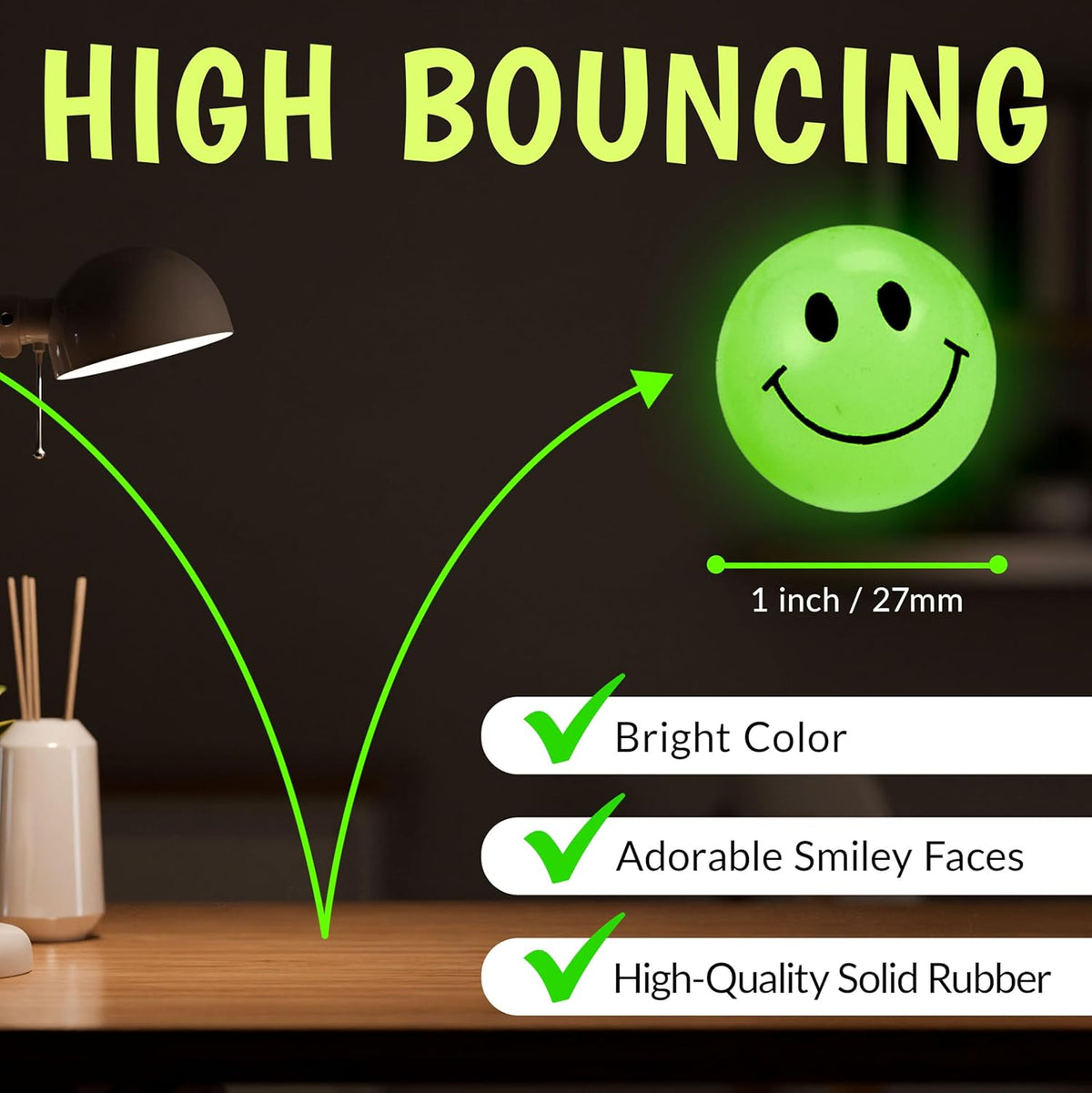 Playbees glow in the dark bouncy balls, 144 small 1 inch rubber balls with smiley faces - view 3
