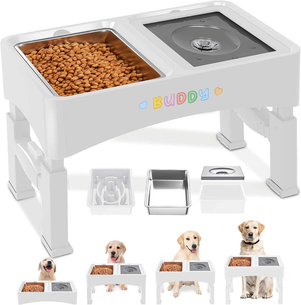 3-in-1 Elevated Dog Bowls with 4 Height Adjustable Raised Stand – Essentials for Dogs - White / 3-in-1 Dog Bowls Set