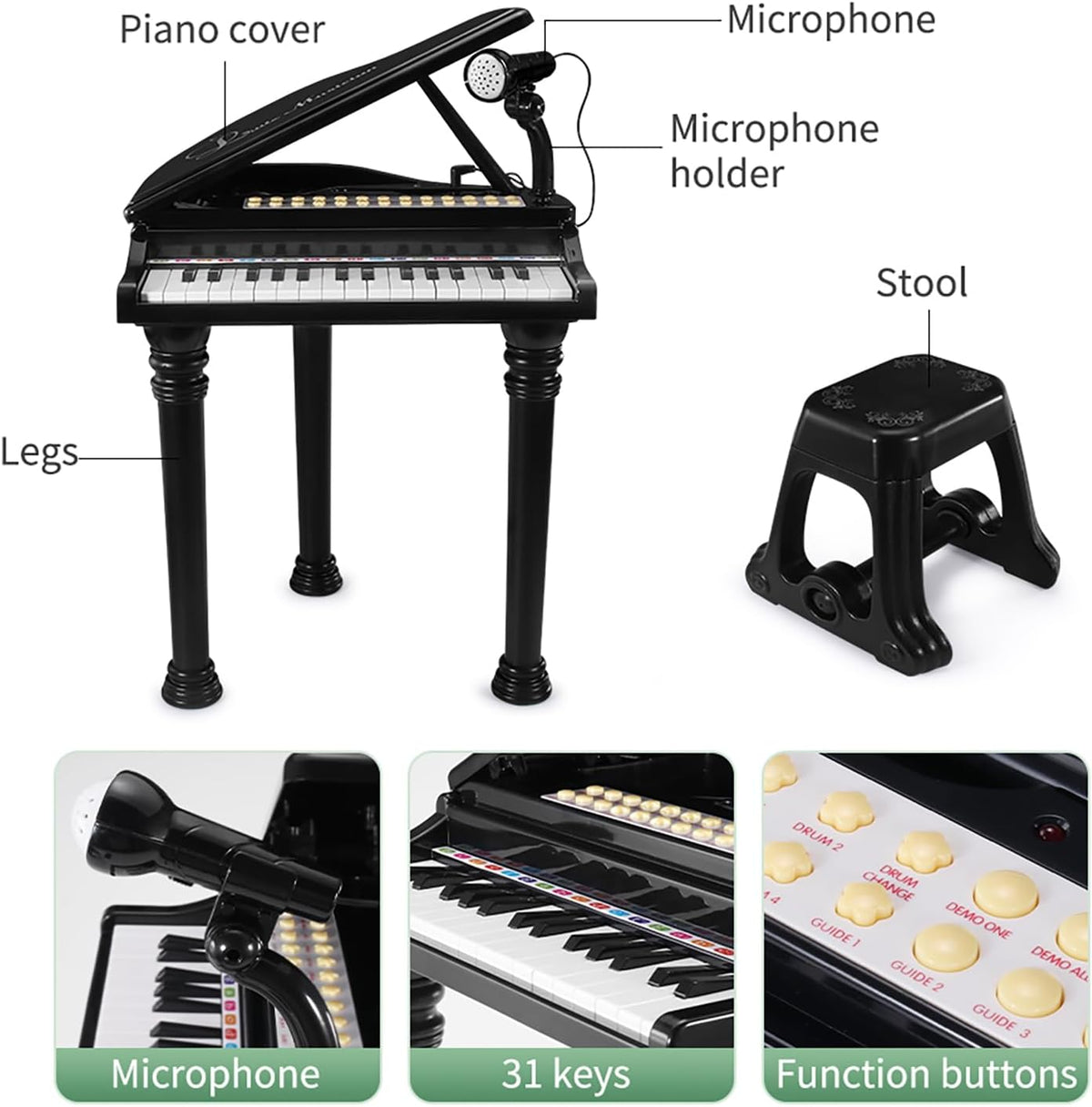 Losbenco kids piano keyboard toy with 31 keys, microphone and stool in pink - view 5