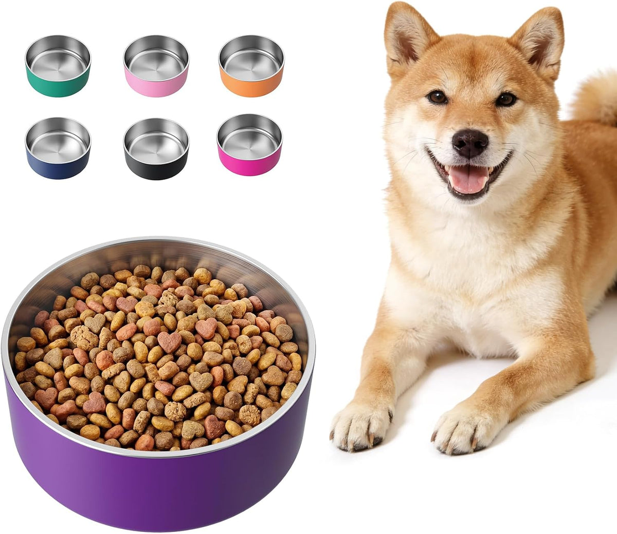 Dog Bowl, Stainless Stee Dog Water Bowl and Food Bowl - 64oz / Purple