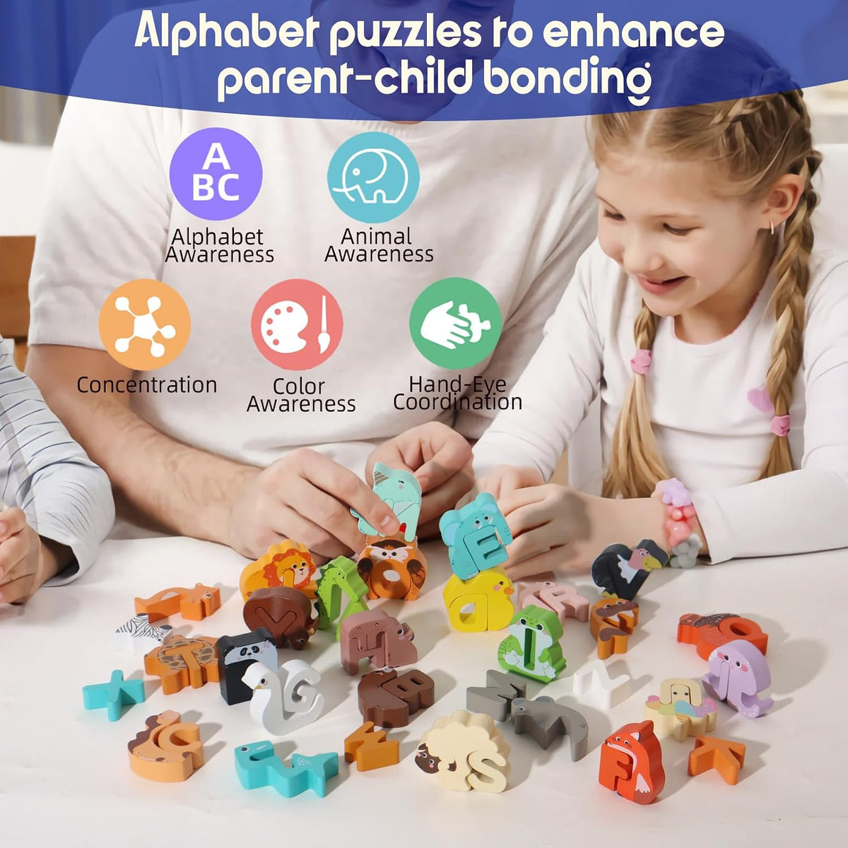 52 Pieces Matching Game, Wooden Alphabet Animal Puzzles for Toddlers, ABC Peg Puzzles for Kids Ages - image 2