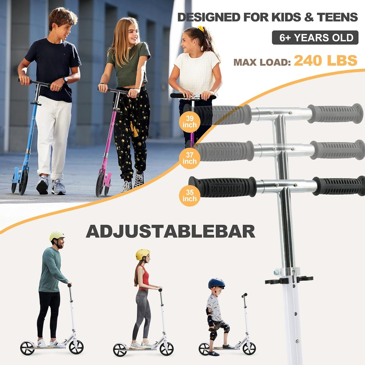 TENBOOM folding kick scooter with 8 inch wheels, rear brake and adjustable handlebar - view 6