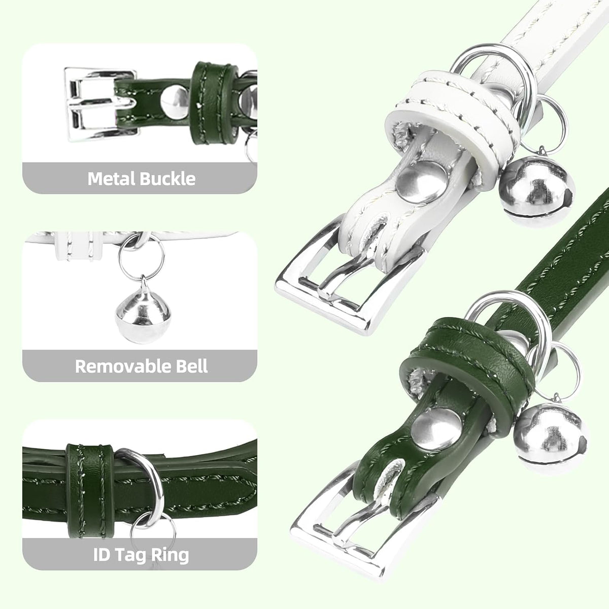 PUPTECK 2 PCS Soft Genuine Leather Cat Kitten Collar with Bells - White & Deep Green - image 3