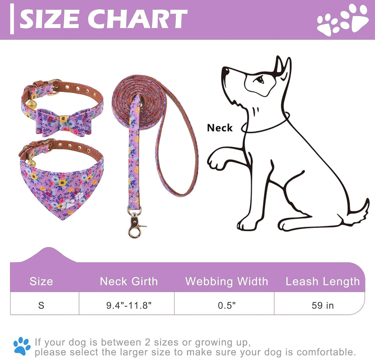 Dog Collar and Leash Set - Embroidery Floral Dog Bow Tie and Bandana Collar with Bell, Cute Flower - Floral Purple / Small - image 4