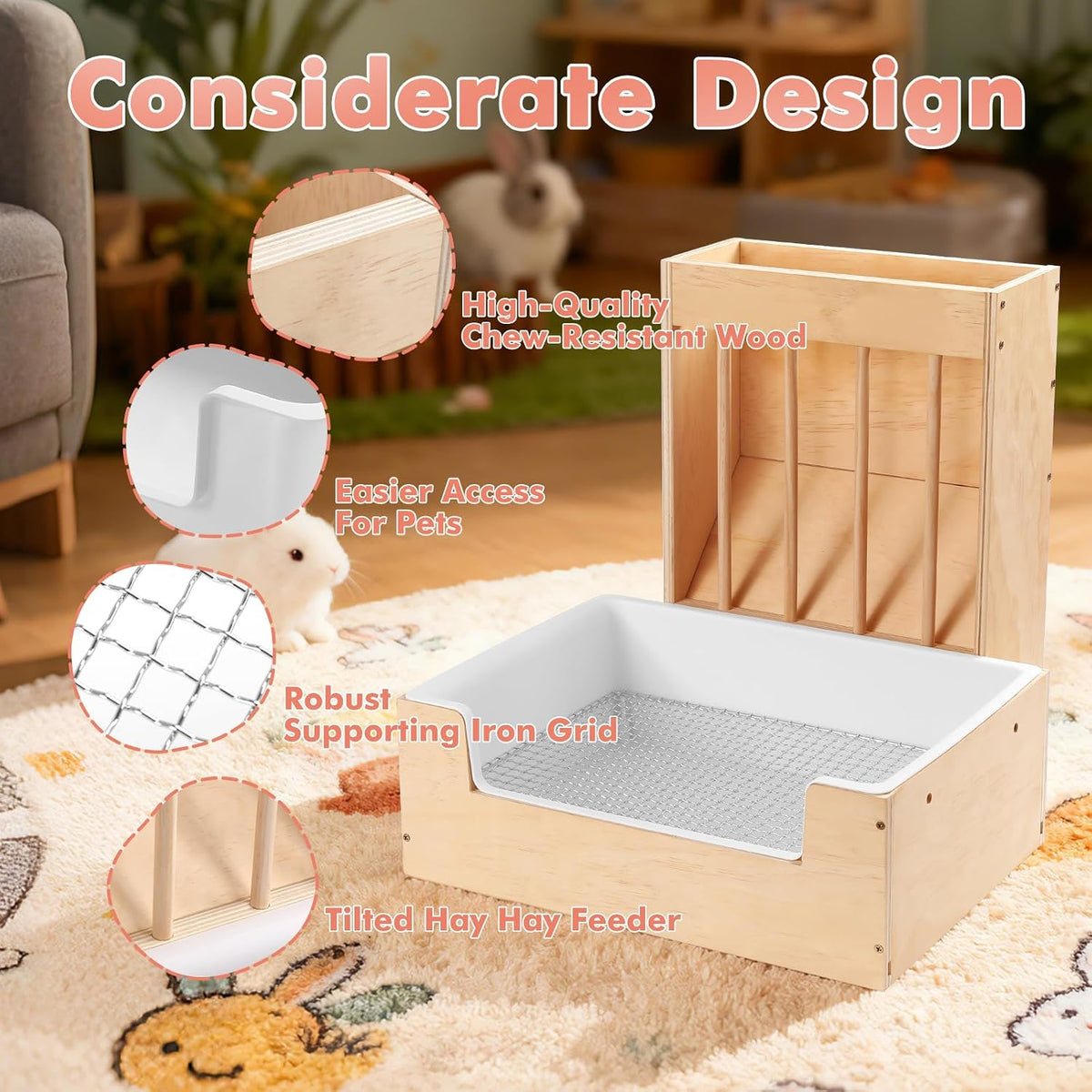 Extra-Large 2-in-1 Rabbit Litter Box & Hay Feeder Set, Wood - image 3