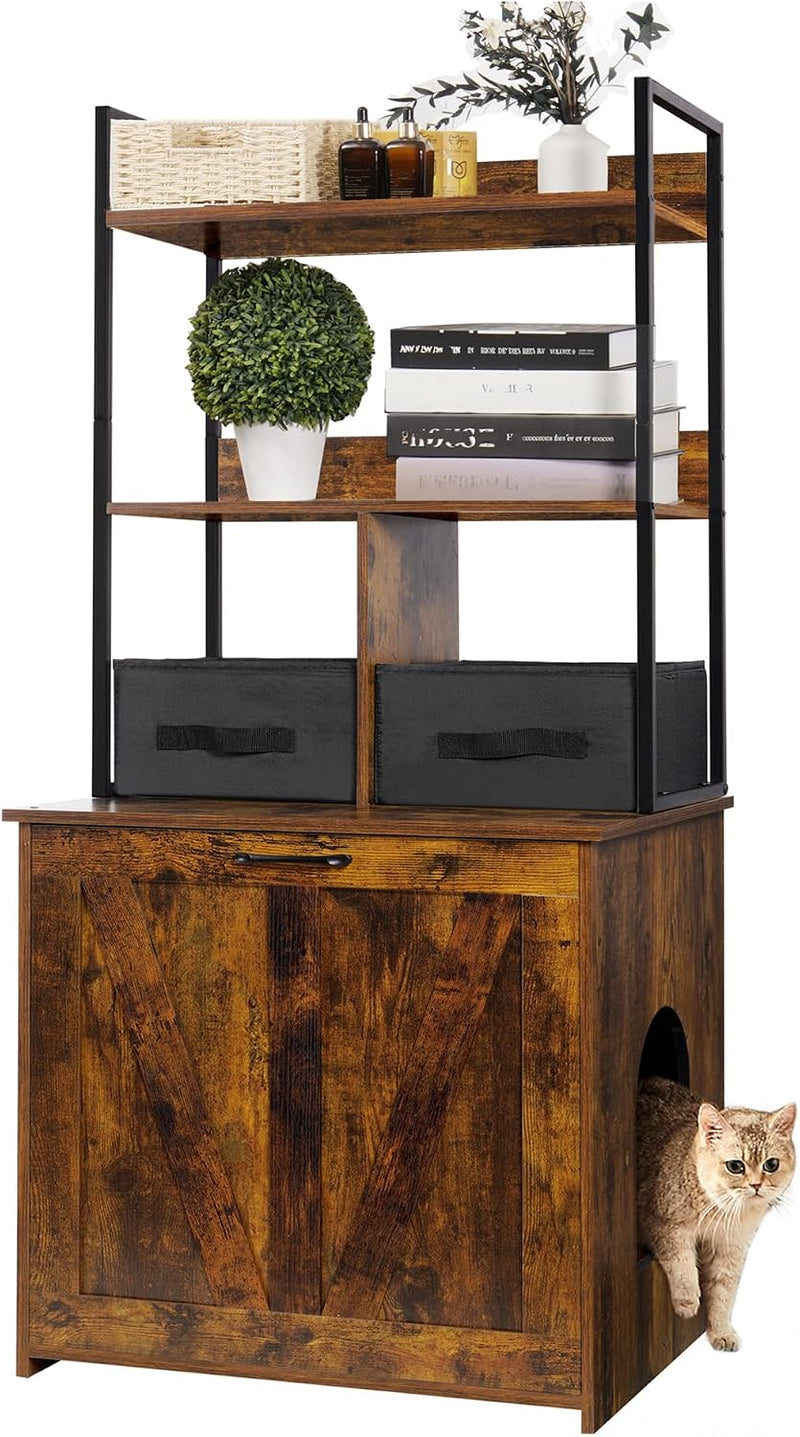 Cat Litter Box Enclosure, 2 Storage Shelves and 2 Drawers, 50" H – Essentials for Cats - Rustic Brown / 23.6"L x 19.7"W x 50"H