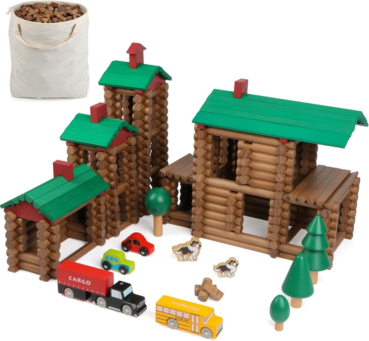 Wondertoys 208 Pcs Wooden Log Set, Classic Building Logs Ages 3+ - 456PCS Luxury Villas