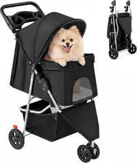 DUMOS 3 Wheels Pet Stroller for Small Dogs and Cats, Foldable – Essentials for Dogs - Black / 29"x18"x 39"