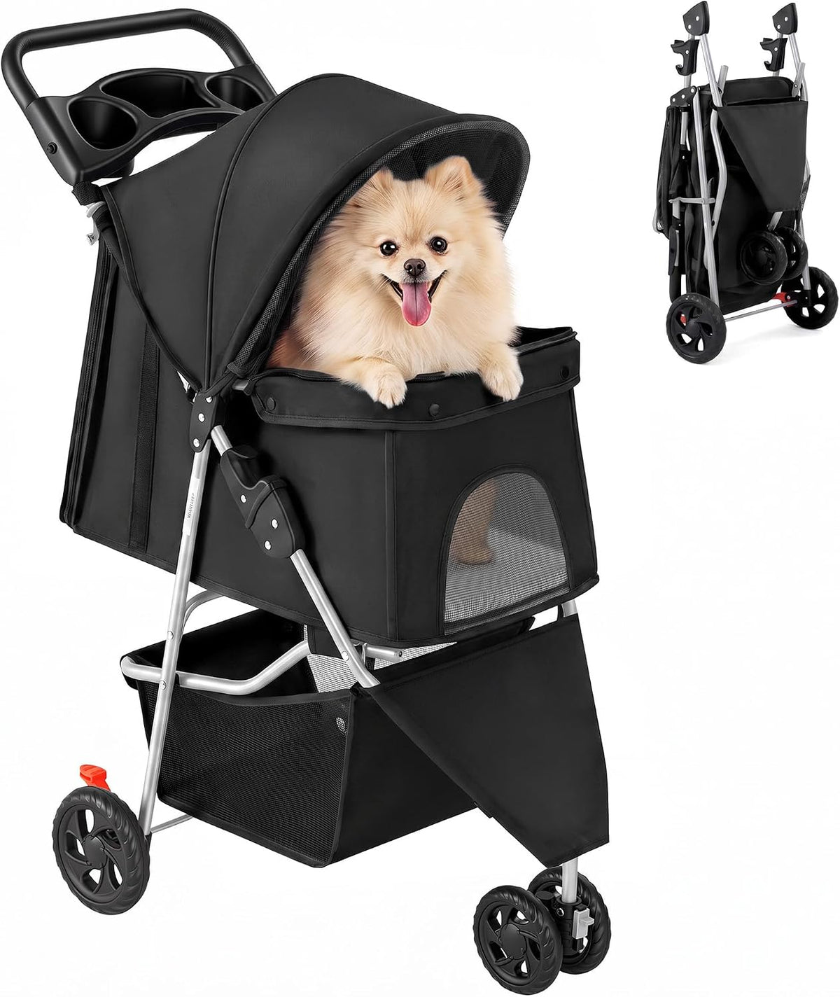 DUMOS 3 Wheels Pet Stroller for Small Dogs and Cats, Foldable – Essentials for Dogs - Black / 29"x18"x 39"