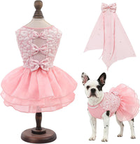 ASENKU Dog Dress, Dog Wedding Dress with Bows, Veil Attachment - Pink / Small