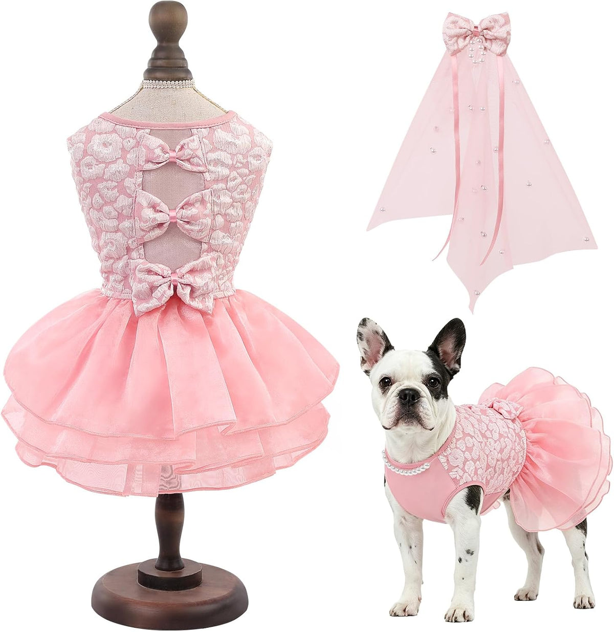 ASENKU Dog Dress, Dog Wedding Dress with Bows, Veil Attachment - Pink / Small