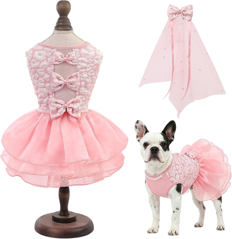 ASENKU Dog Dress, Dog Wedding Dress with Bows, Veil Attachment - Pink / Small