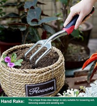 ESOW Garden Tool Set with Non-Slip Rubber Handle, 3 Piece Cast-Aluminum Heavy Duty Gardening Kit Includes Hand Trowel, Transplant Trowel and Cultivator Hand Rake, Red