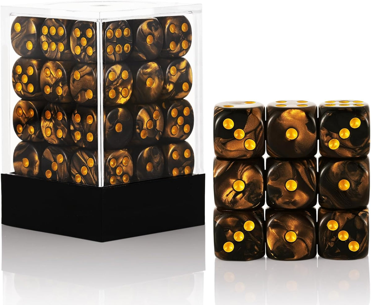 24 of Pack 16MM 6 Sided Dice Set, Two Colours D6 Game Dice Set - Golden Black Swirl