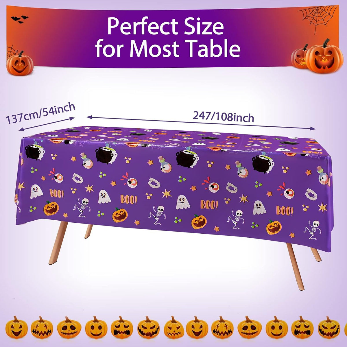 PERFQU purple Halloween tablecloth with skeleton, ghost and pumpkin prints, 54x108 inch - view 3