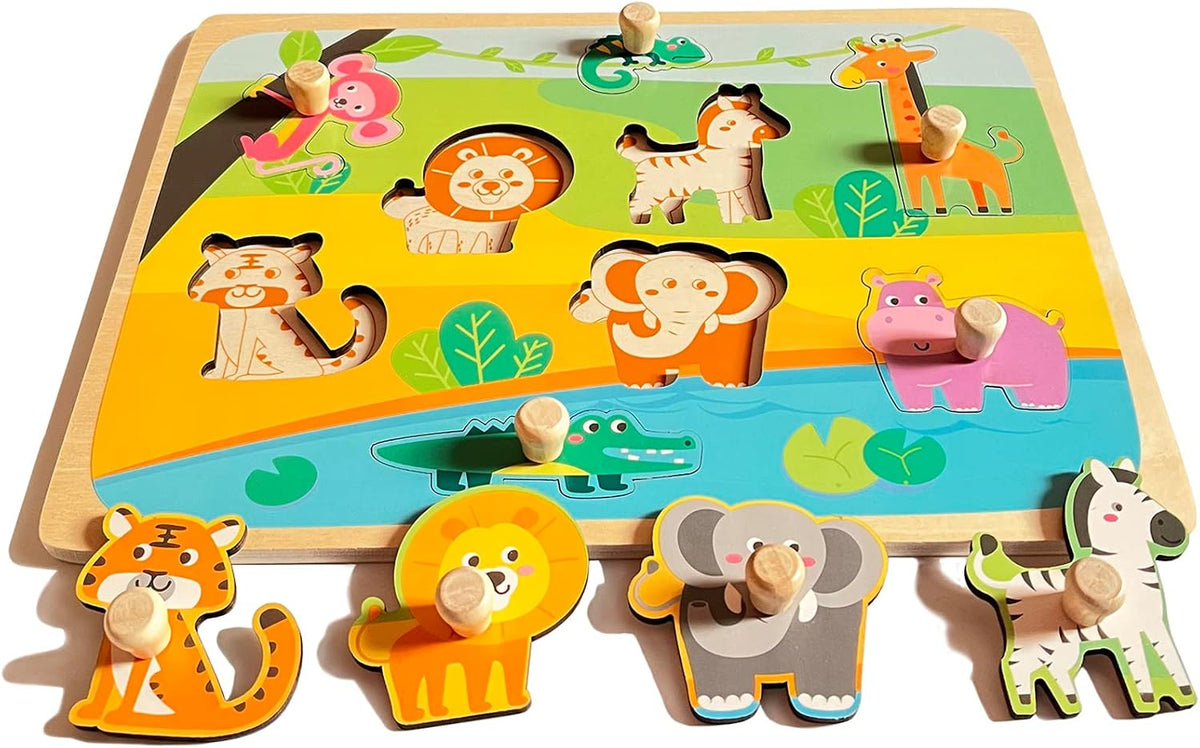 Wooden Toddler Puzzles - 4 Pcs Eco-Friendly Animal Patterns Jigsaw With Handles - Infant Kid Fine - Style C